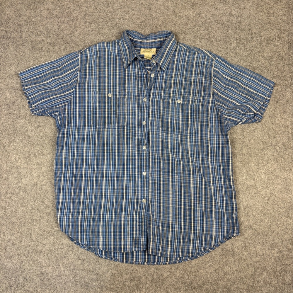 St. Johns Bay Mens Large Blue Plaid Short Sleeve Cotton Button Down Shirt